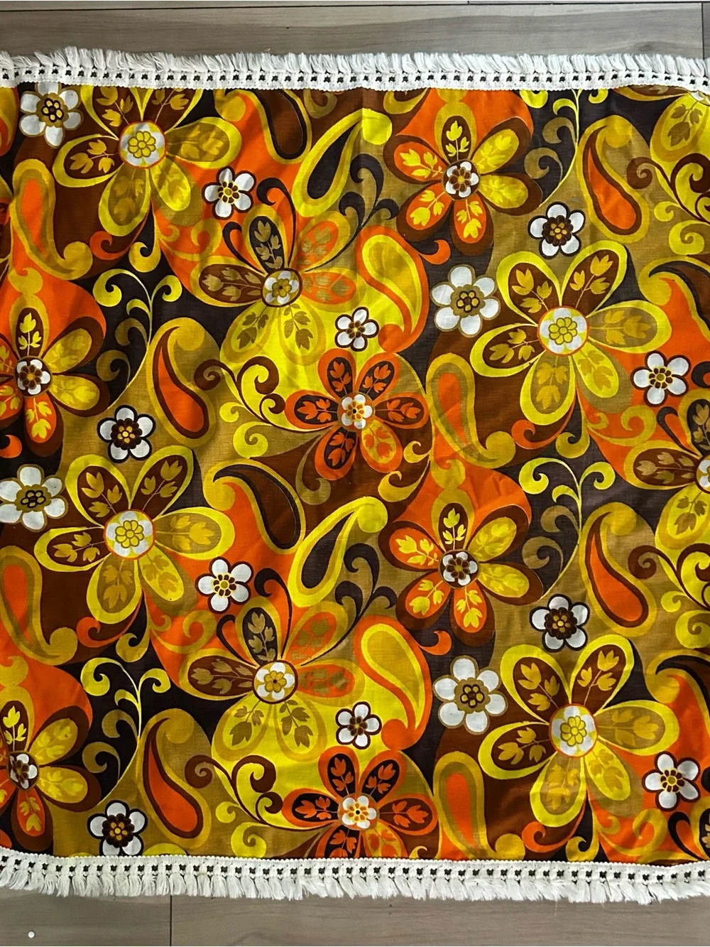 Tablecloth Mid Century 1970s Retro Rectangle Floral Orange Gold 36x41 fringe